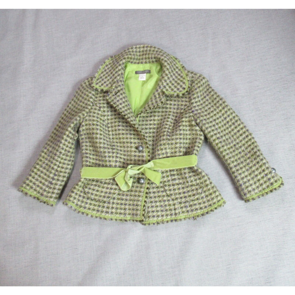SIGRID OLSEN Jacket Medium Green Tweed Check Velvet Ribbon Belt Vintage Y2K - Picture 1 of 11